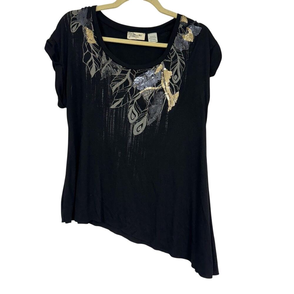 Miss Me Black Asymmetrical Tee Shirt Womens S Y2K Gold & Silver Sequin Leaf